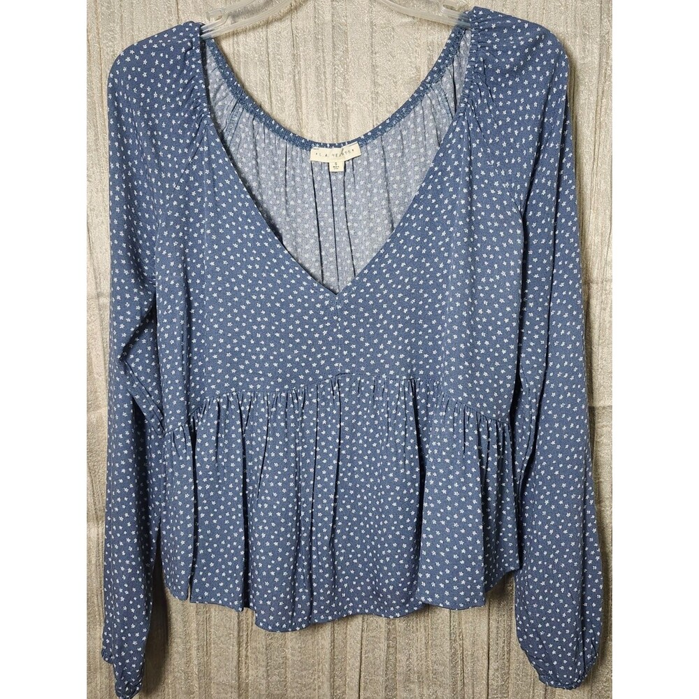 Long Bell Sleeve Boho Swing Crop Blouse Blue Floral V Neck Babydoll Peasant Sz S